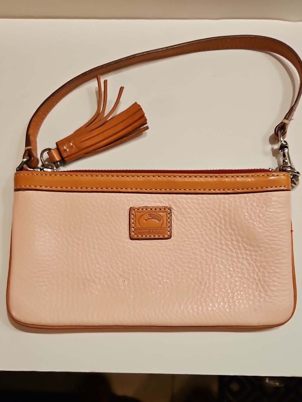 Dooney & Bourke Blush Pink Pebble Leather Wristlet with Tan Trim 8" X 4.5"